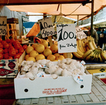 846376 Afbeelding van een kraam met groenten en fruit op de markt op het Vredenburg te Utrecht.
